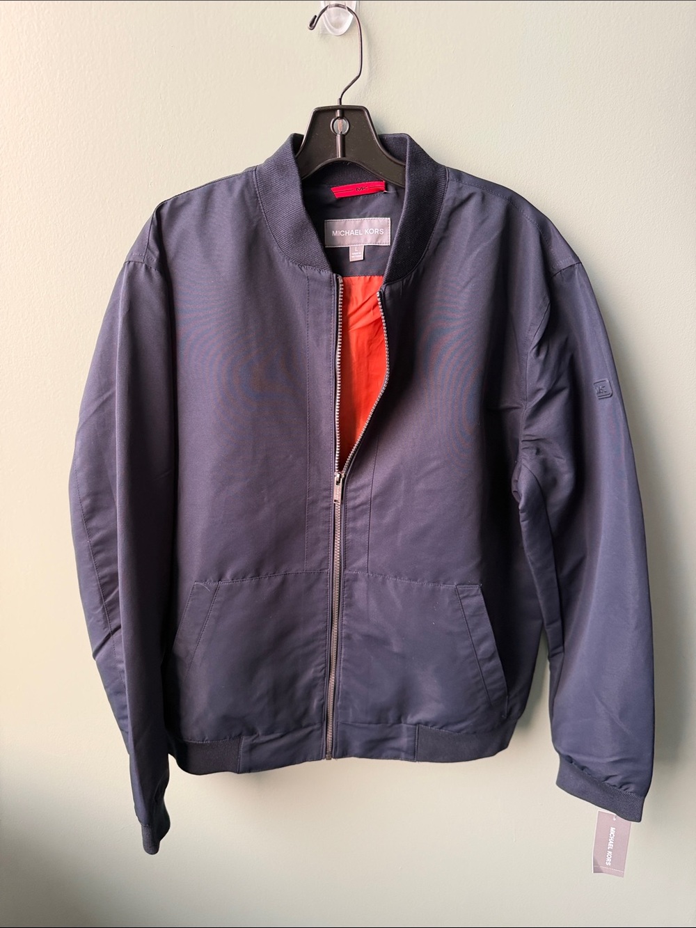 Michael Kors Men's Midnight Navy Bomber Jacket with Orange Lining Size Large